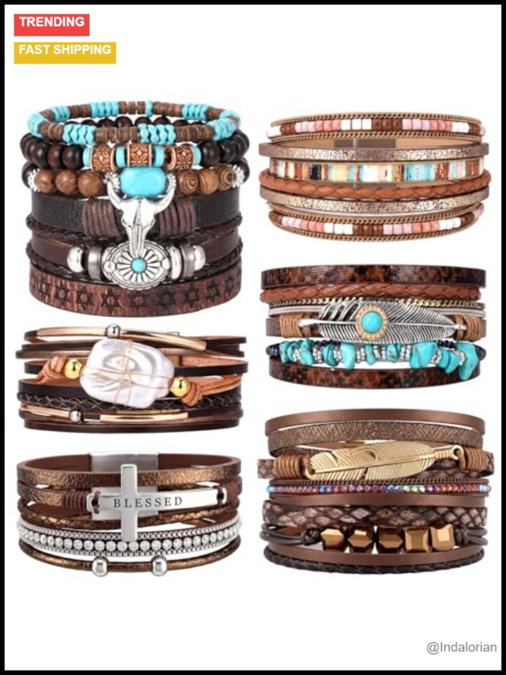Boho Leather Wrap Bracelet Set 6Pcs Adjustable Stackable Western